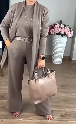 Uni-Color Crew-Neck Manches Longues Top And Comfy Belted Pantalon Set 3-Piece Femme Outfit