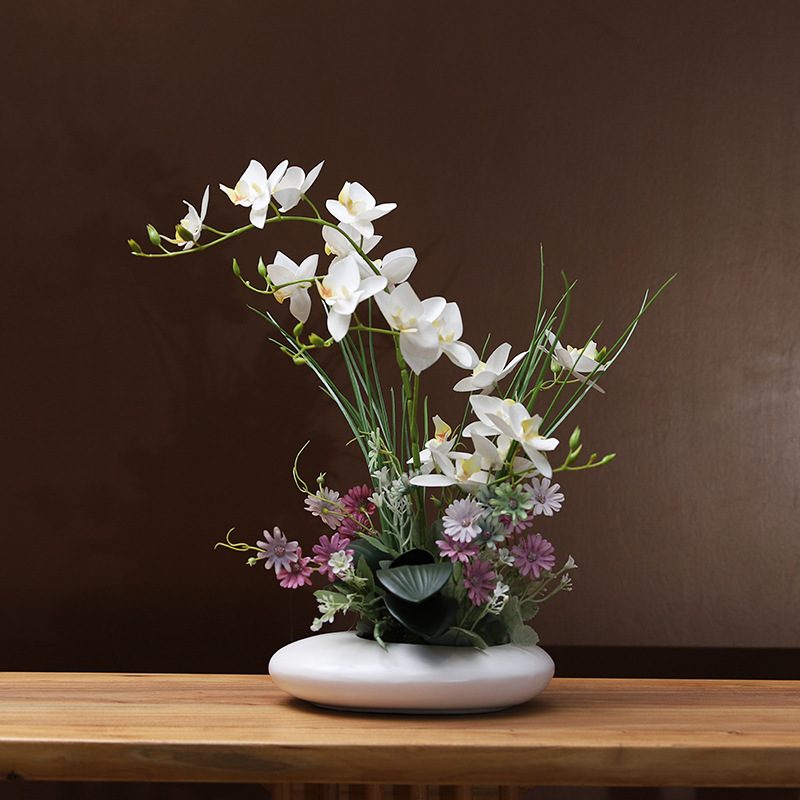 Silicone-Feel Dove Orchid Artificial Flower Arrangement Set - Modern Minimalist Silk Floral Decor For Living Room Home Display