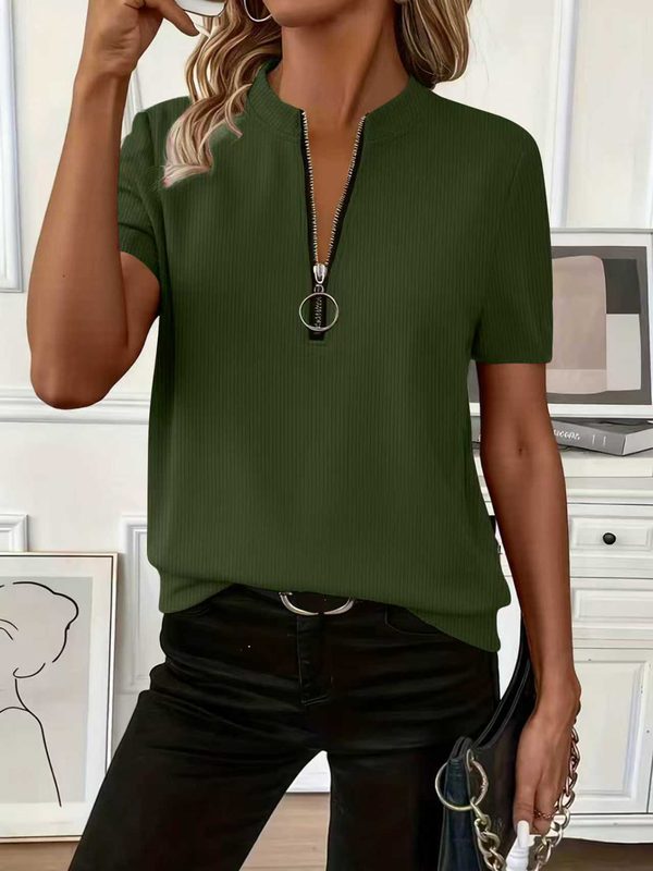 Ribbed Uni-Color Fabric T-Shirt With Zippered Sleeves