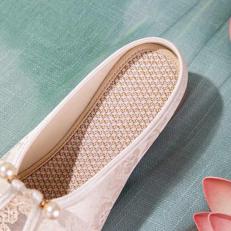 Mules Élégantes en Maille Brodé avec Pampille de Perles - Chaussures d'Été Respirantes à Petit Talon pour Femme