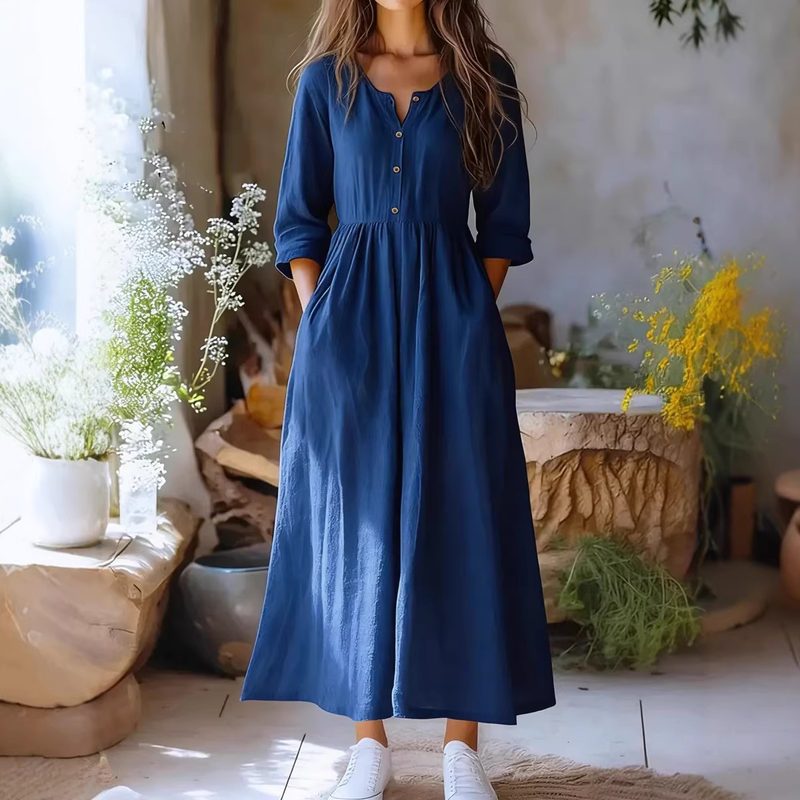 Robe Rétro Femme Manches Longues en Coton et Lin Couleur Unie