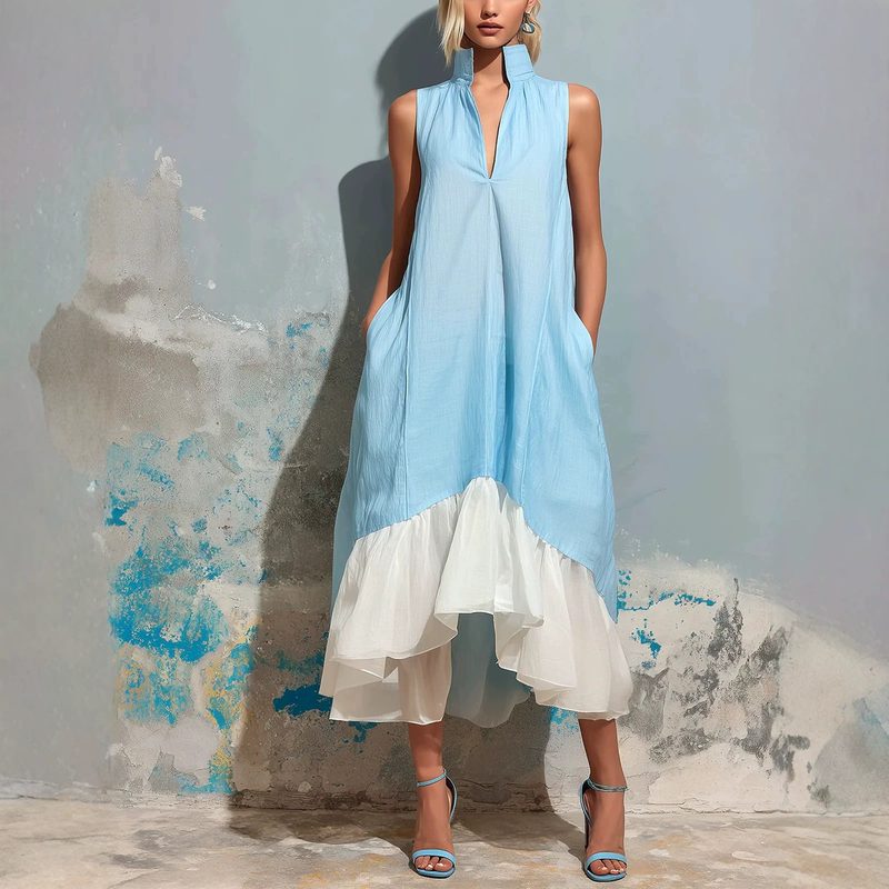 Robe Asymétrique à Volants Color-block, Col Montant et Décolleté en V