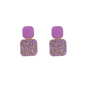 Boucles d'Oreilles Pendantes Rétro Coréennes Carrées Mauves – Émail Scintillant et Strass Étincelants, Style Influenceuse