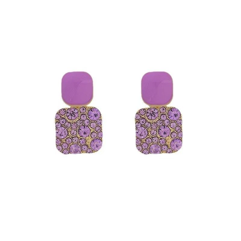 Boucles d'Oreilles Pendantes Rétro Coréennes Carrées Mauves – Émail Scintillant et Strass Étincelants, Style Influenceuse