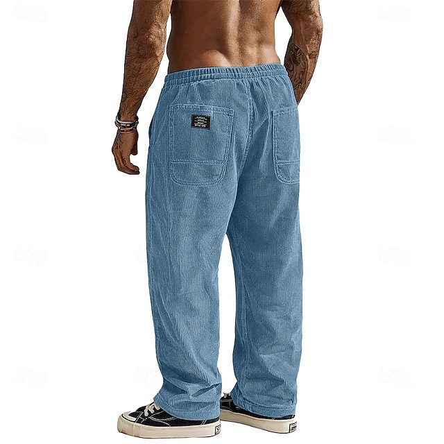 Pantalon Homme en Velours Côtelé Coupe Droite, Ample et Décontracté, avec Poches Signature à Lettres
