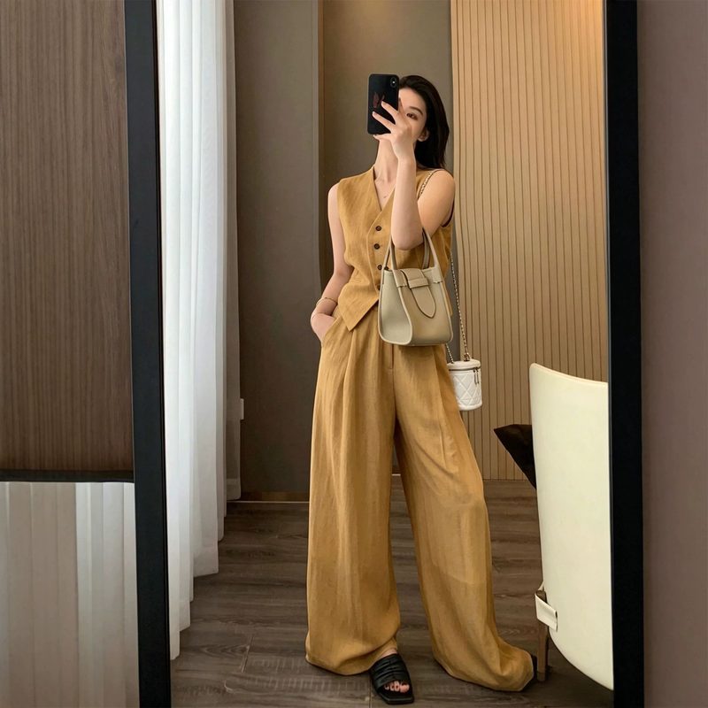 Linen Tencel Vest And Wide-Leg Long Pantalon Two Pieces Set