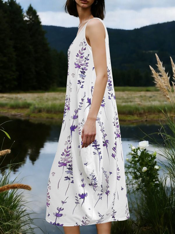 Boho Sleeveless Lavender Print Maxi Robe, Décontracté Ample Fit Pocketed Long Robe For Vacation Summer Robe