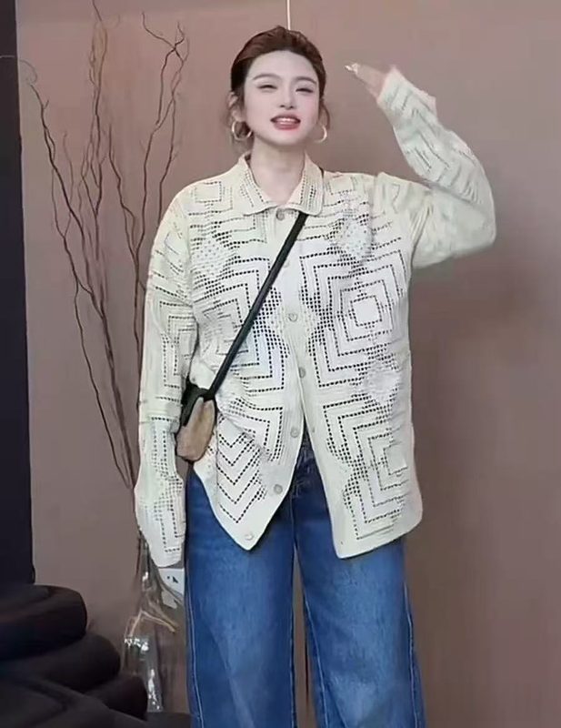 Cardigan Élégant à Revers, Style Français, Motif Fleuri et à Carreaux en Crochet