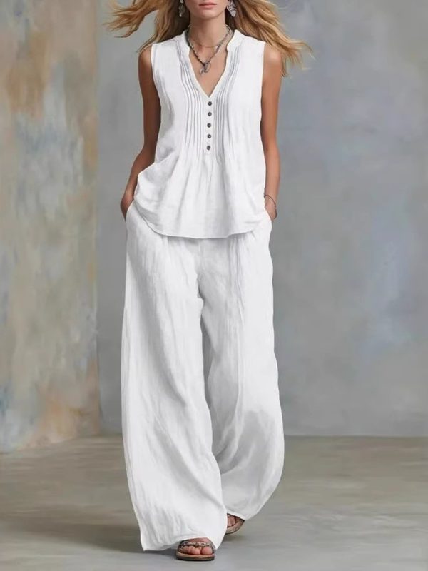 Ensemble Deux Pièces Élégant et Décontracté : Top Plissé Col V Sans Manches et Pantalon Long Ample Uni