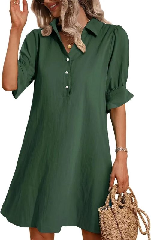 Collared Half Button Puff Sleeve Ample A-Line Cotton Mini Robe