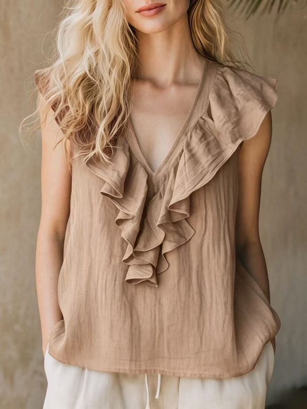 Blouse à manches longues en lin, col V, bordée de dentelle, esprit français