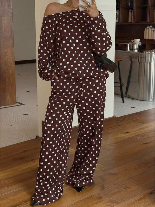 Ensemble Chic et Décontracté à Pois : Haut Manches Longues & Pantalon Ample