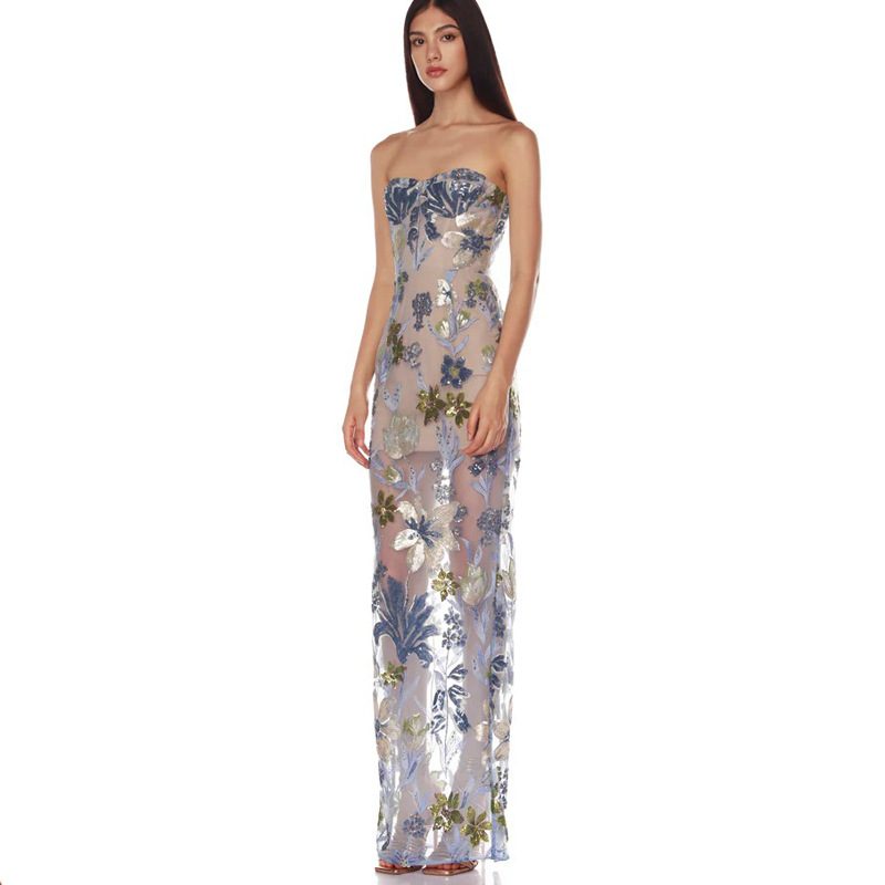 Robe Bustier Ornée de Broderies Florales et de Perles