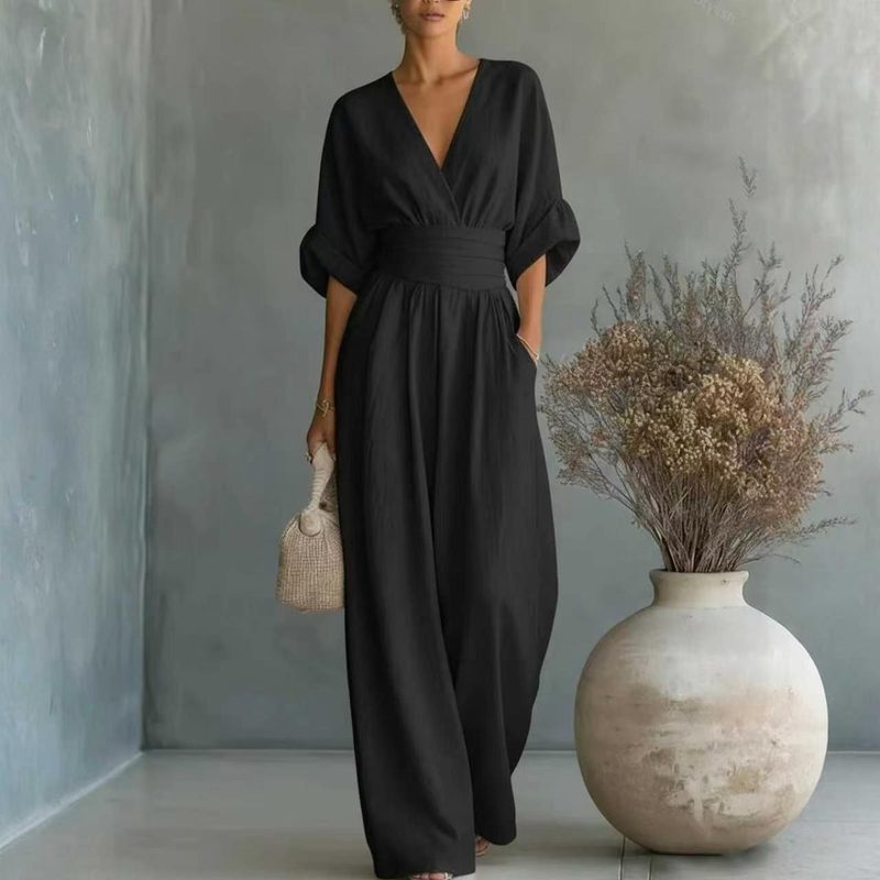 Waist-Cinching Col V Slimming Chic Jumpsuit