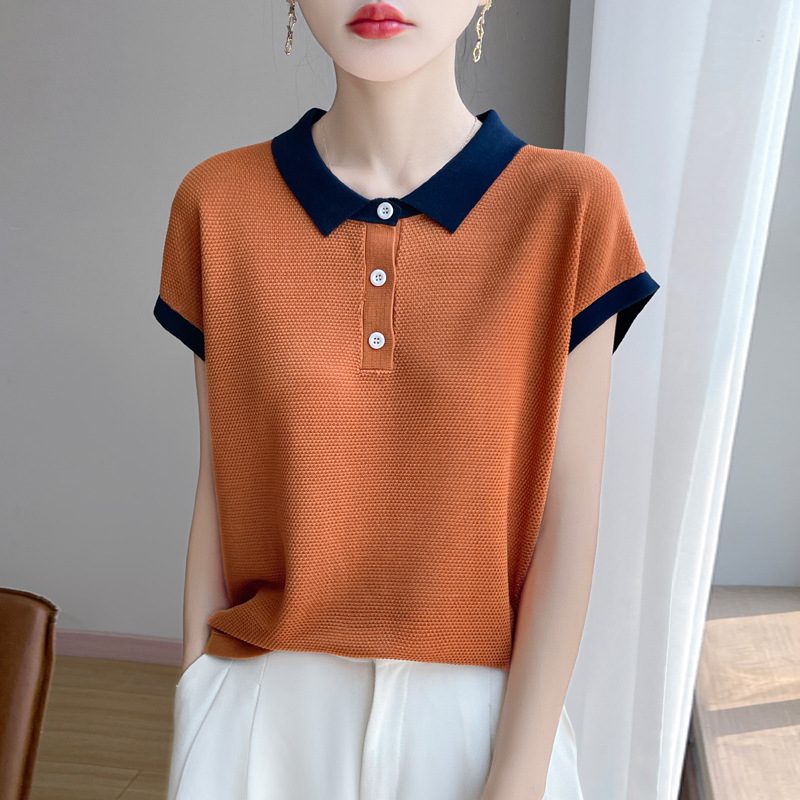 Color-Block Polo-Neck Manches Courtes Femme Lyocell Knitted T-Shirt