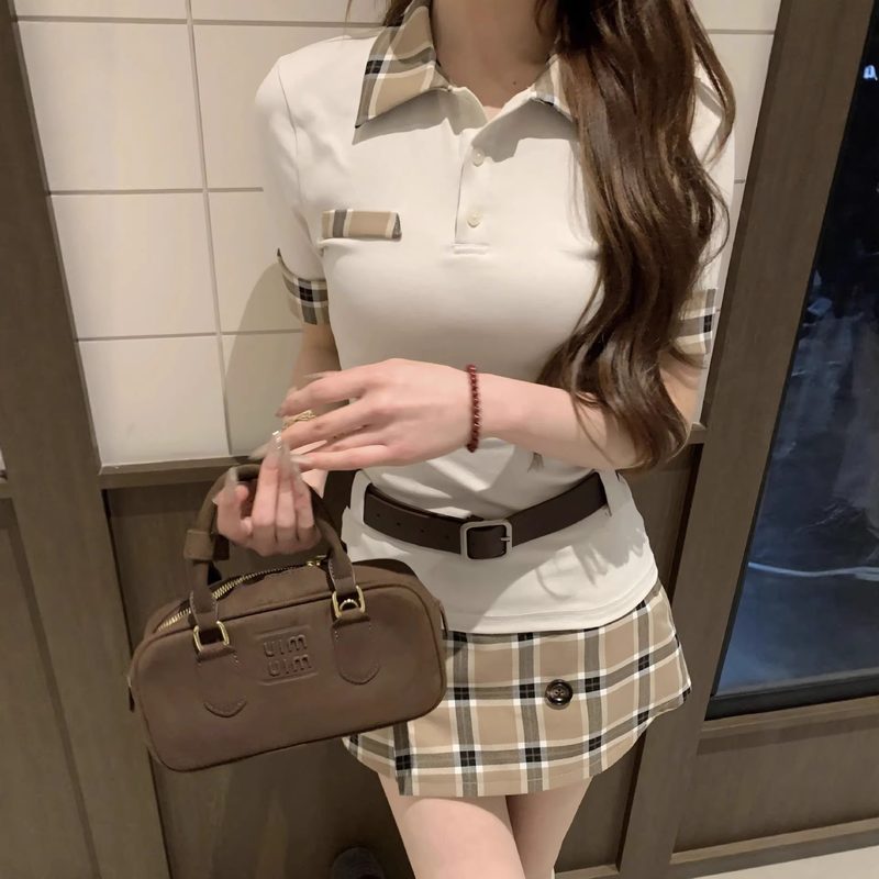 Plaid Patchwork Figure-Flattering Top And Jupe Set