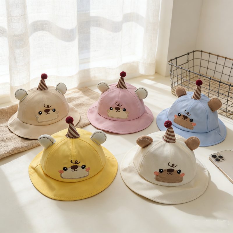 Chapeau Bob Enfant Réglable et Décontracté, Couleur Unie, Motif Ourson Mignon Brodé de Fleurs, Idéal Voyages et Shopping