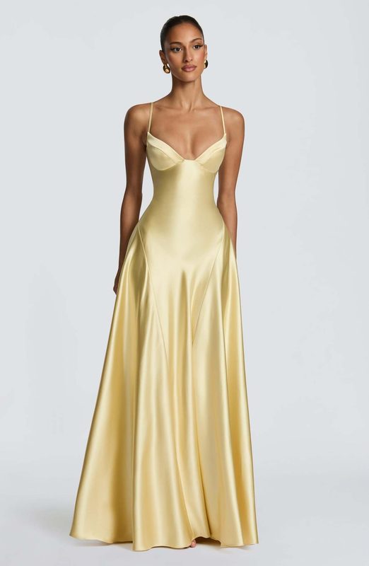 Robe Longue de Soirée en Satin Bustier, Décolleté V Plongeant, Taille Cintrée et Jupe Ample