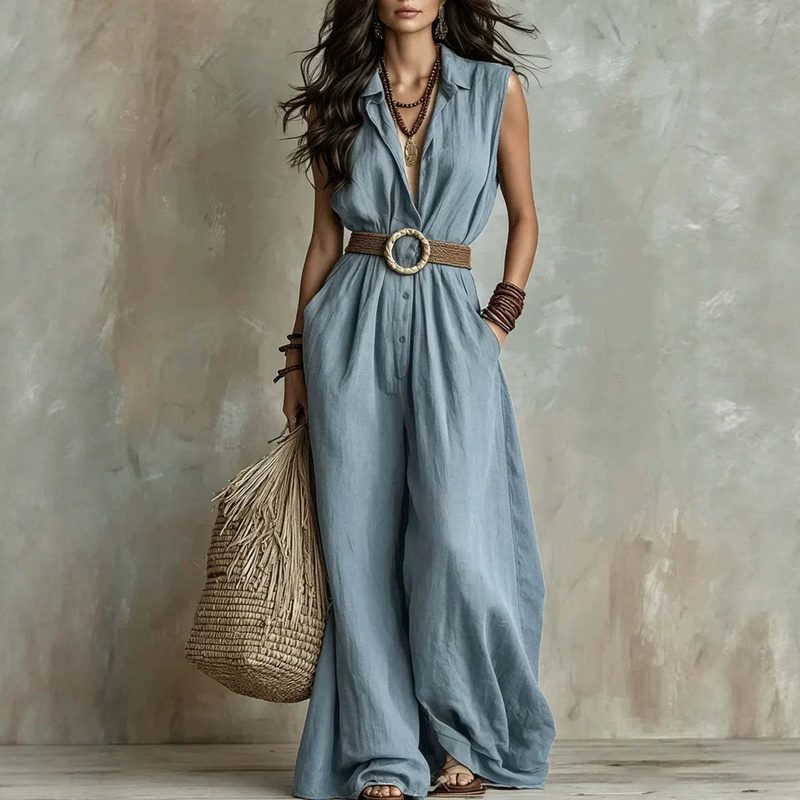 Coupe Ample Col V Sleeveless Uni-Color Décontracté Button-Front Femme Jumpsuit