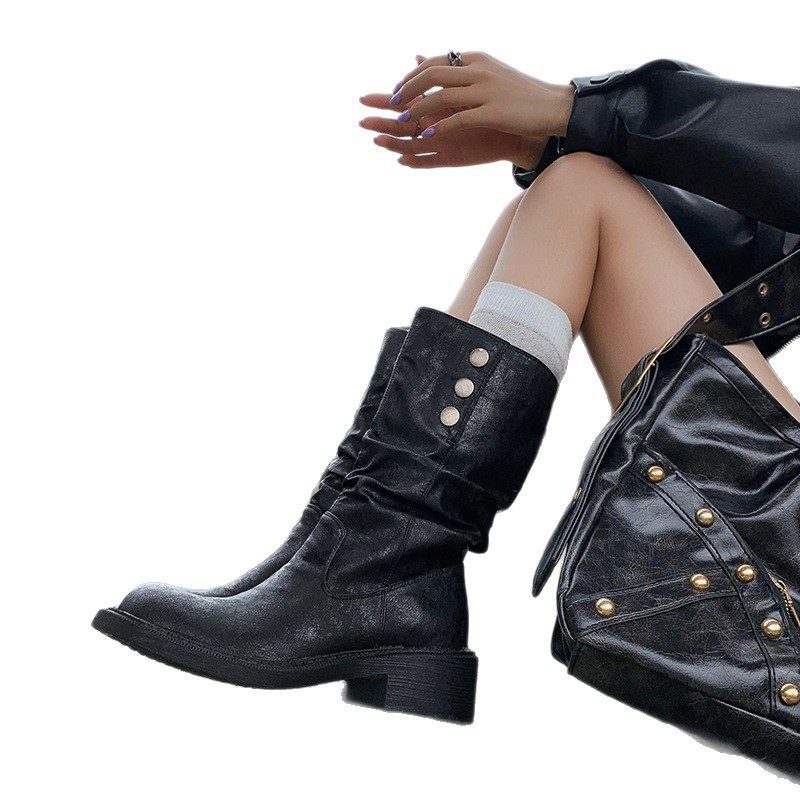 Bottes Western Rétro Polyvalentes à Talon Bloc Mi-Mollet