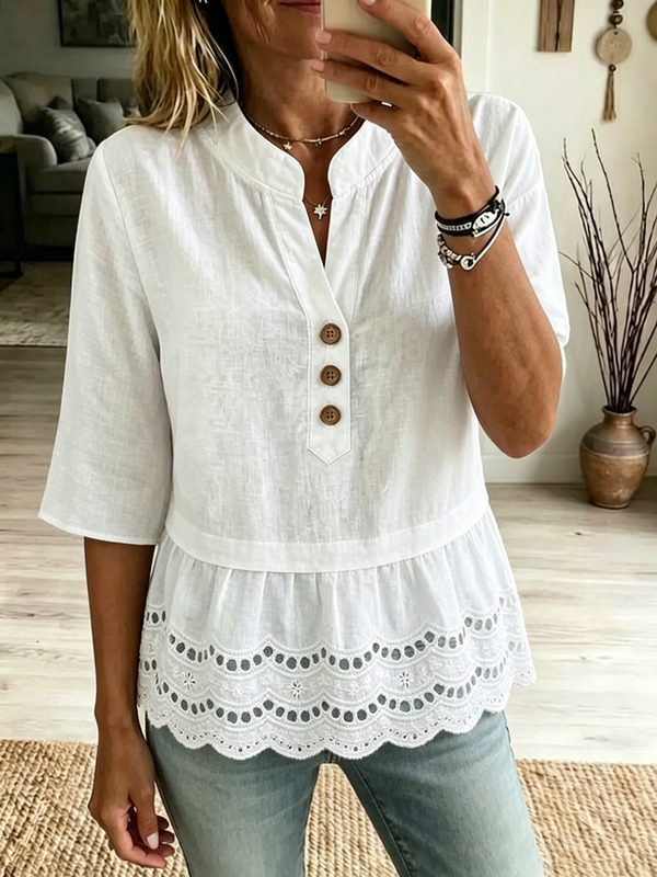 Blouse Décontractée Femme à Col V et Manches 3/4