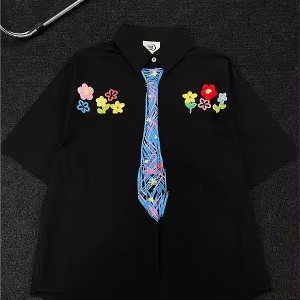 American-Style Décontracté Crayon-Graffiti Manches Courtes Shirt