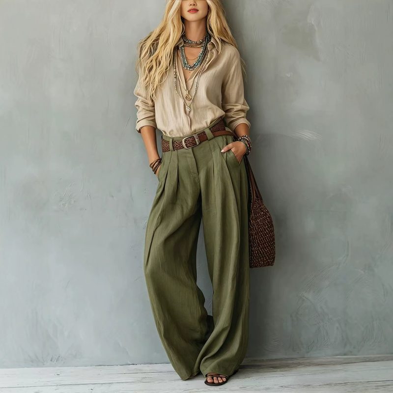 Ensemble Blouse et Pantalon Droit Large Taille Haute pour Femme