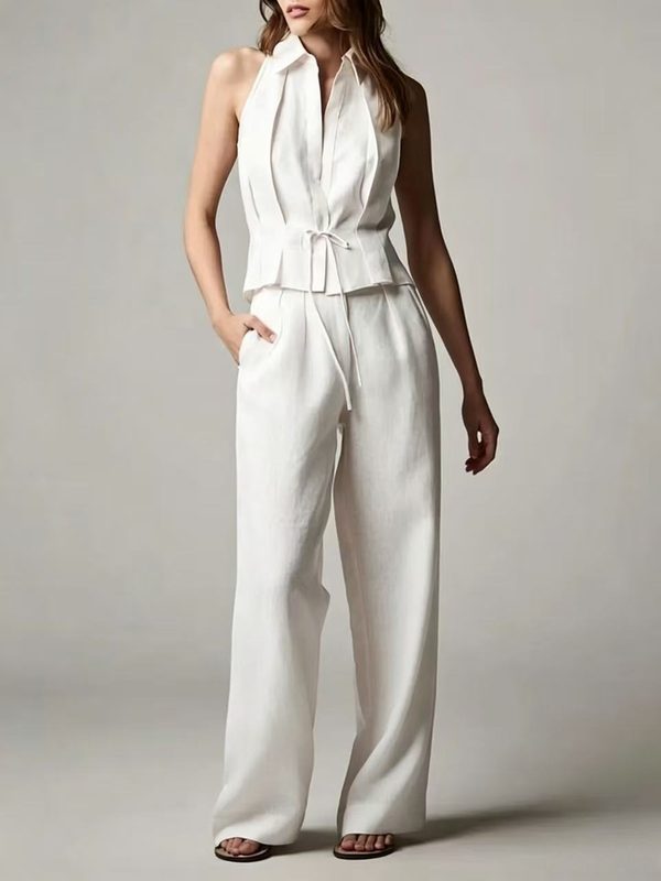 Ensemble Chic Top Sans Manches à Revers en Coton-Lin et Pantalon Droit