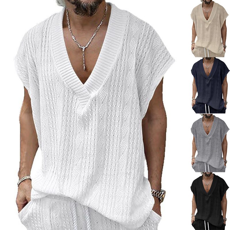 T-shirt Jacquard Sans Manches pour Homme, Col V et Coupe Ample Décontractée