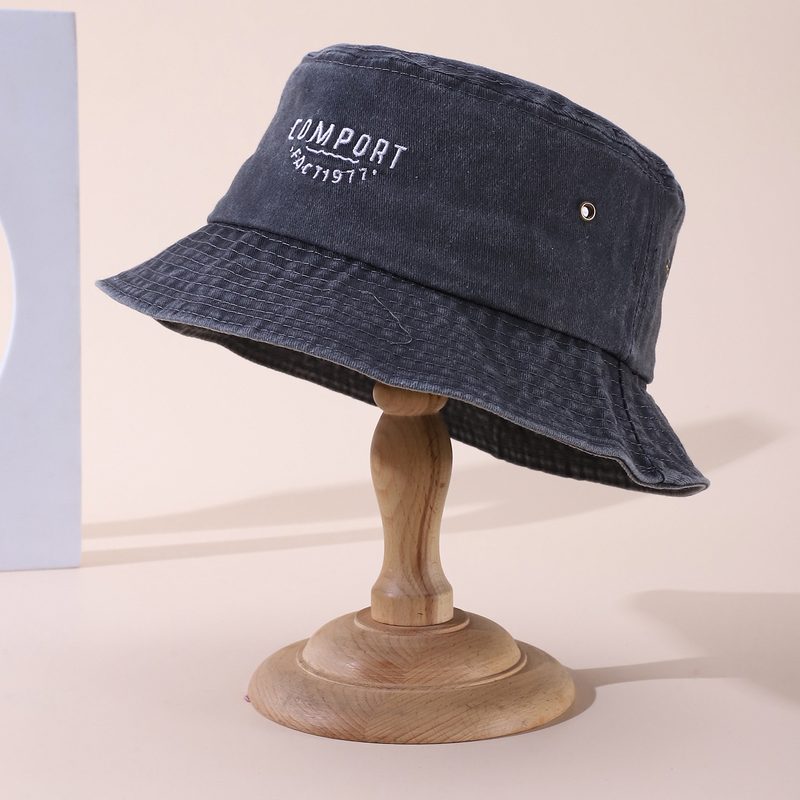 The Korean Version Of This Uni-Color Multi-Letter Embroidered Water-Washed Vintage Style Décontracté Wide-Brimmed Fisherman Chapeau Is Suitable For Shopping And Outings