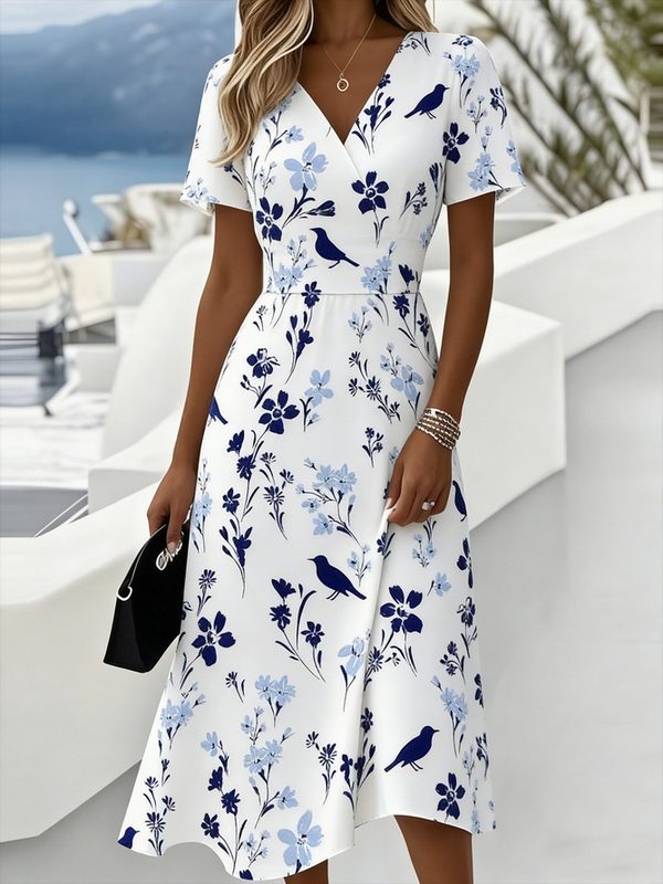 Floral 3D Digital-Print Col V Manches Courtes Robe