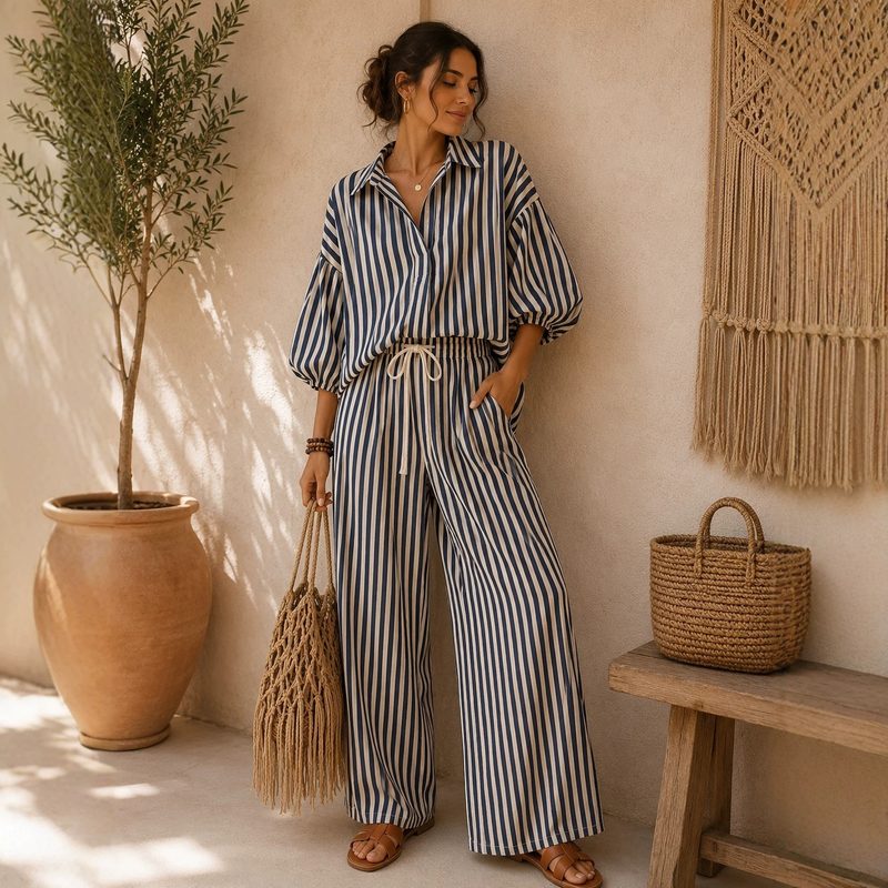 Ensemble Femme Tendance : Chemise Rayée à Revers et Pantalon Coordonné
