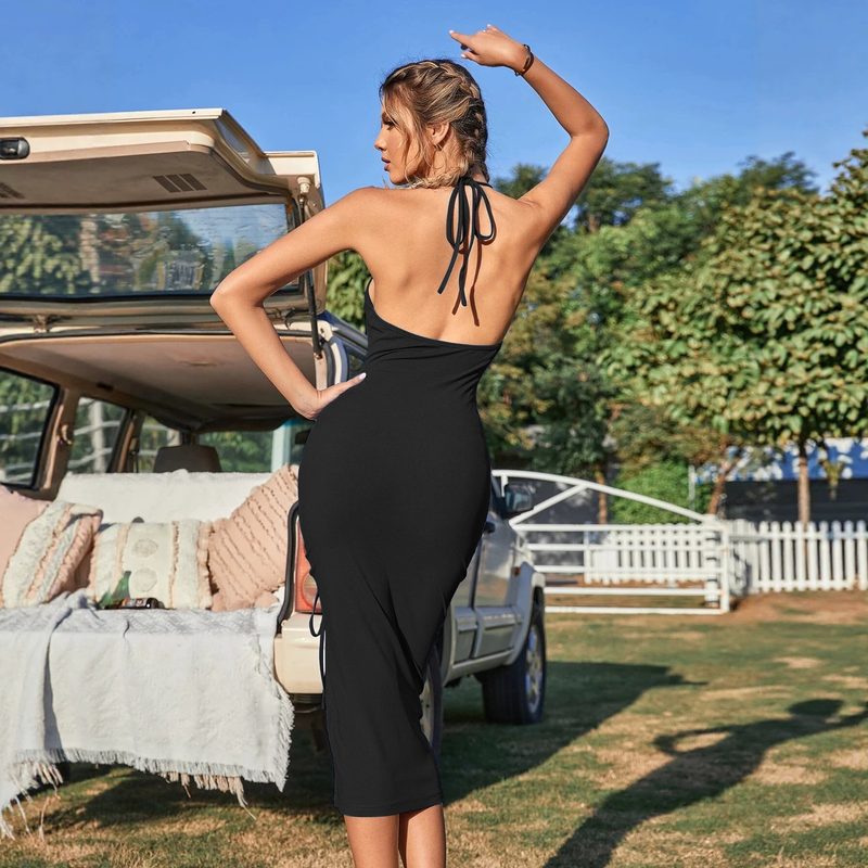 Robe Fourreau Licou Sculptante, Dos Nu avec Fente et Cordon Ajustable