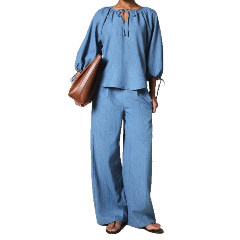 Ensemble Femme Chic Décontracté : Haut Col V Lacé Manches Courtes & Pantalon à Poches