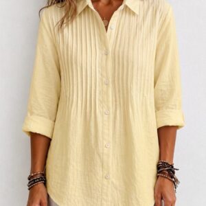 Chemise Plissée Ample en Coton-Lin pour Femme Grande Taille, Manches Longues