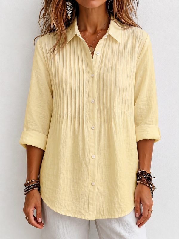 Chemise Plissée Ample en Coton-Lin pour Femme Grande Taille, Manches Longues