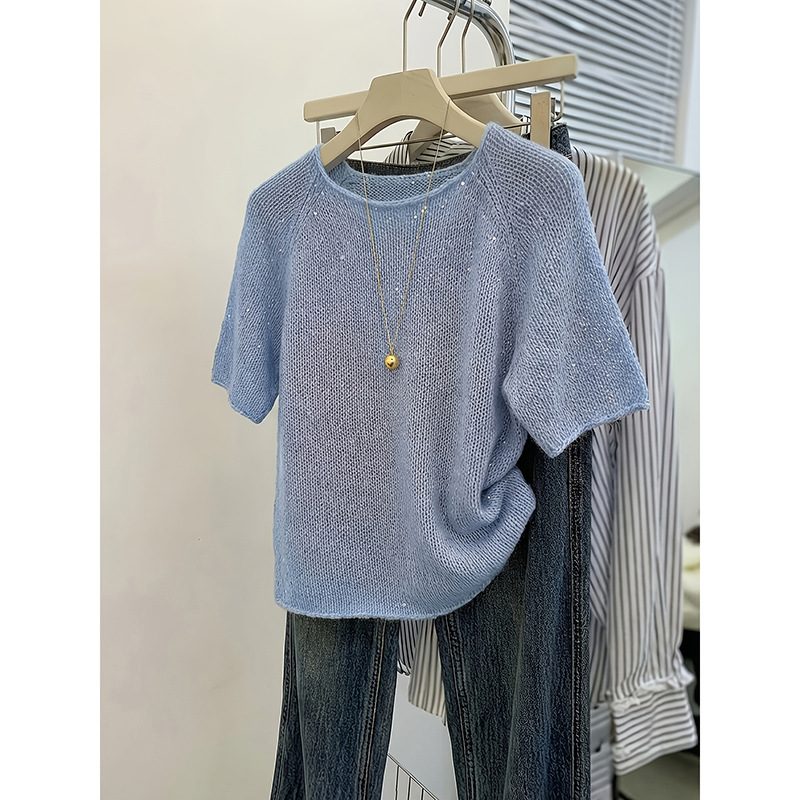 Top Pailleté Femme à Col Rond et Manches Courtes, Couleur Unie