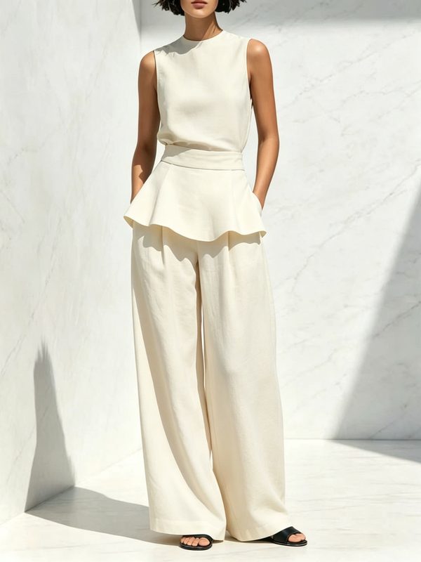 Ensemble Chic : Haut Sans Manches à Volants et Pantalon Large