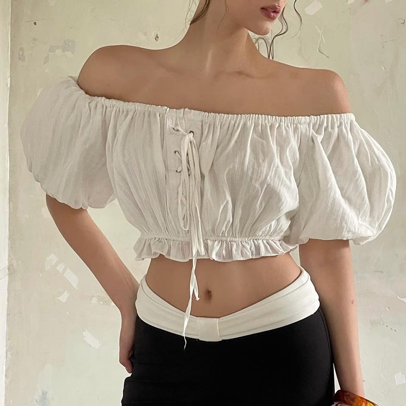 Chemisier Plissé Asymétrique à l'Épaule, Manches Courtes Effet Ballon, Esprit Streetwear Chic