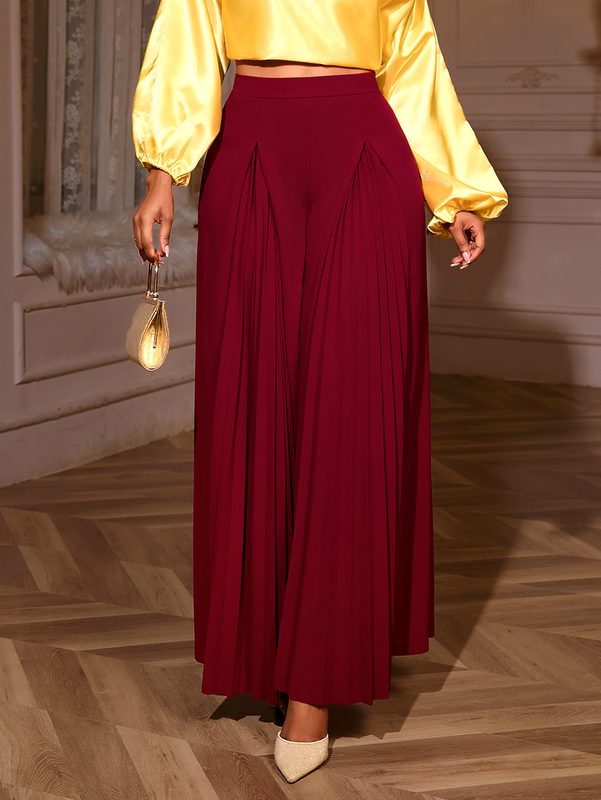 Pantalon Palazzo Taille Haute à Double Plissé, Jambes Amples et Longueur Maxi