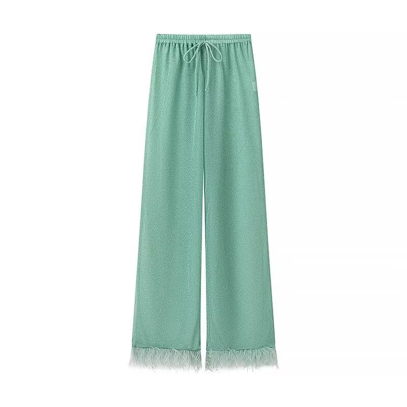 Mao Mao -Design Manches Longues Feather Blouse And Trousers