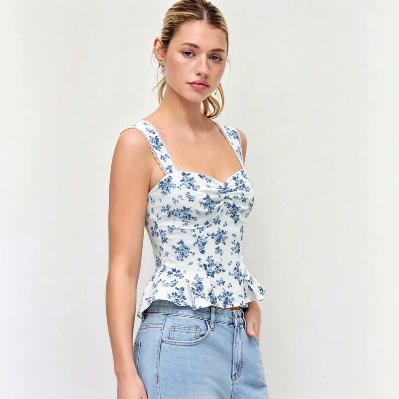 Top Bustier Blanc à Imprimé Floral Bleu – Nouvelle Collection Été