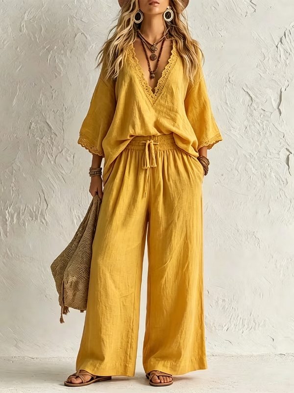 Ensemble Deux Pièces Femme : Haut Col V Bordé de Dentelle et Pantalon Large
