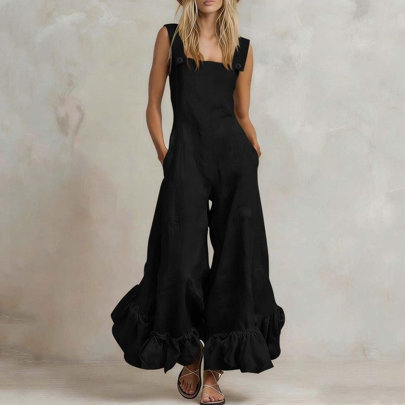 Combinaison-pantalon Femme à Bretelles et Jambes Larges, Rehaussée de Volants