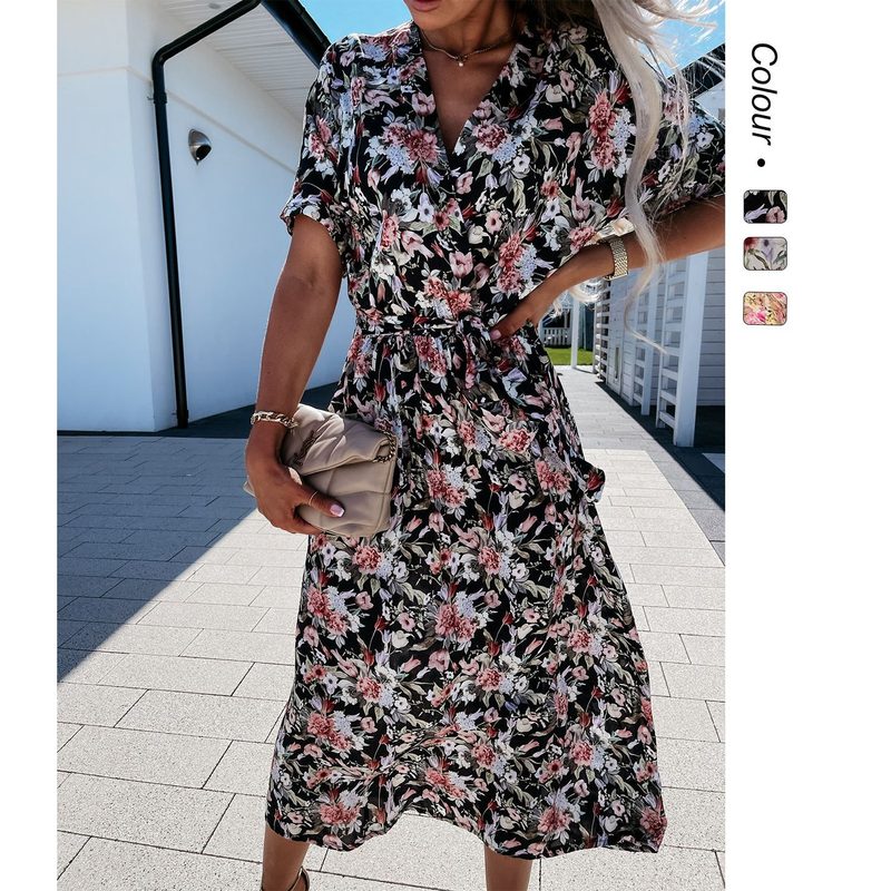 Robe Fleurie Femme à Col V, Manches Courtes et Taille Cintrée