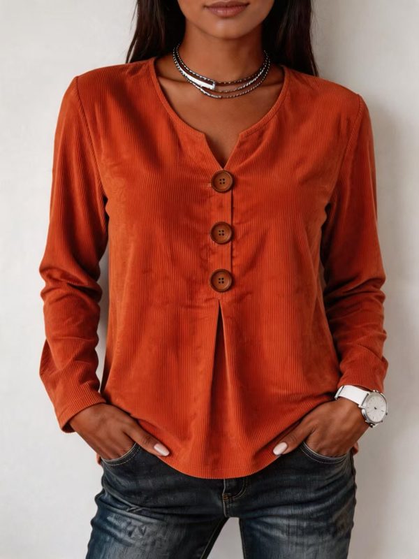 Top Décontracté Tendance à Col V Boutonné et Manches Longues