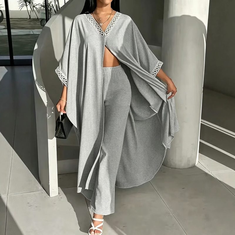 Ensemble Haut et Pantalon Ample pour Femme avec Manches Chauve-souris et Col V en Dentelle