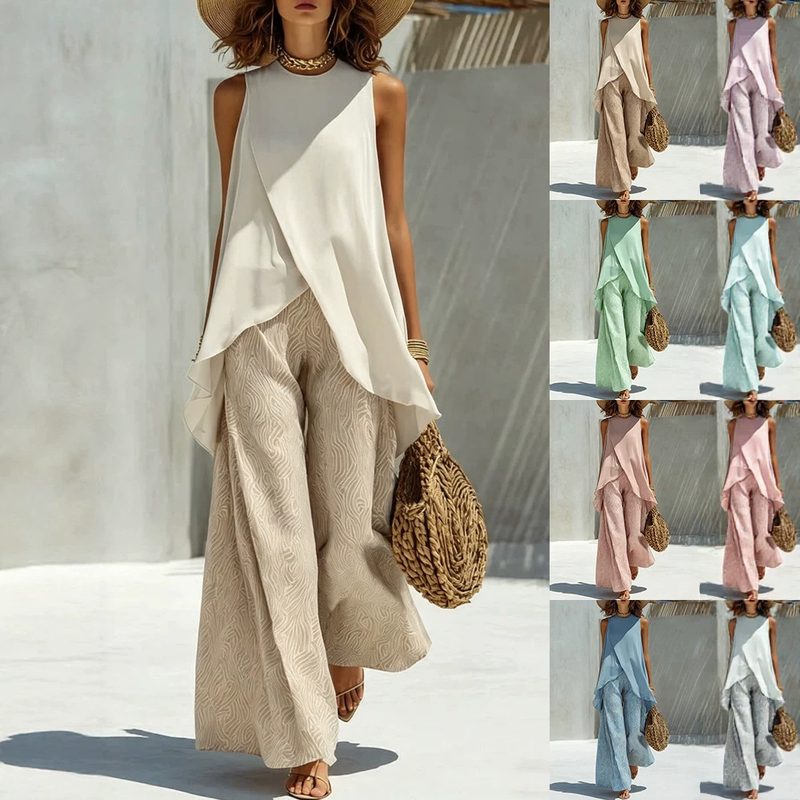 Ensemble Élégant Femme : Top Sans Manches Col Rond et Pantalon Long