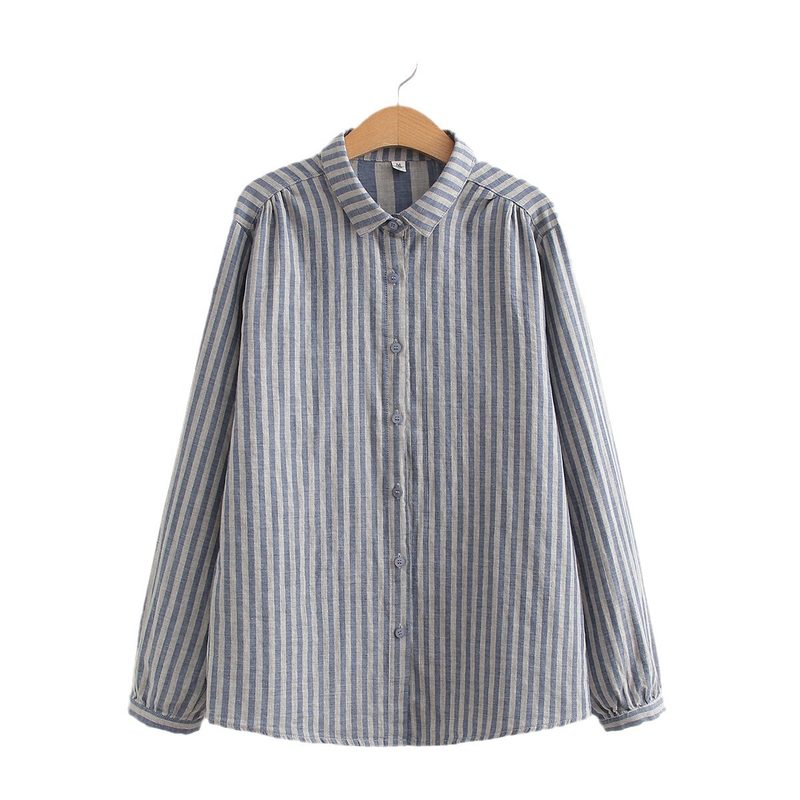 Korean-Style Striped Cotton-Linen Single-Breasted Manches Longues Shirt