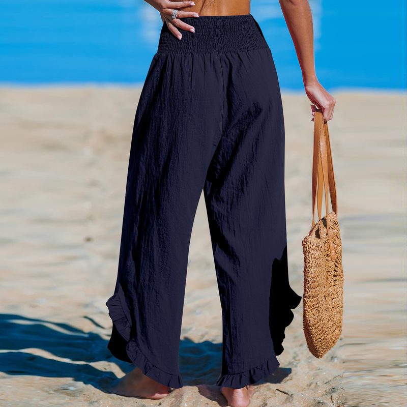 Pantalon Ample Décontracté en Coton-Lin à Plis et Ourlet Asymétrique